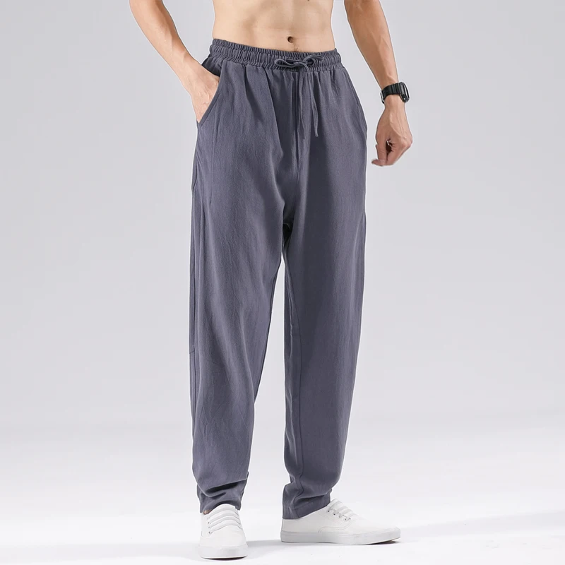 

2024 Beach Breathable Thin Cotton Linen Pants Men Casual Loose Drawstring Lace-up Straight Trousers Spring Summer Men Long Pants