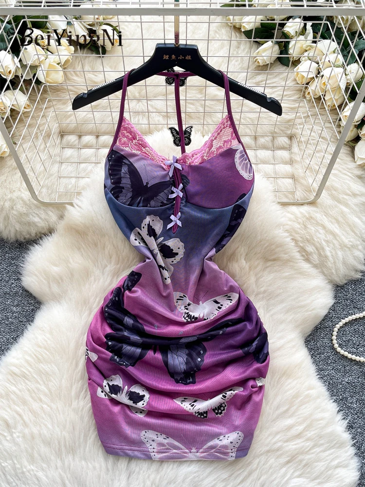 Beiyingni セクシーなナイトパーティーボディコンドレス女性花柄レーススプライシングホルターミニドレスレディースカジュアルストレッチ Vestidos