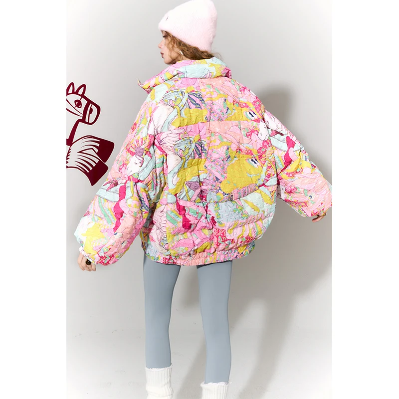 ELFSACK Y2K Sweet Playful Loose Original All Over Graphic Lapel Bomber Down Jacket For Women