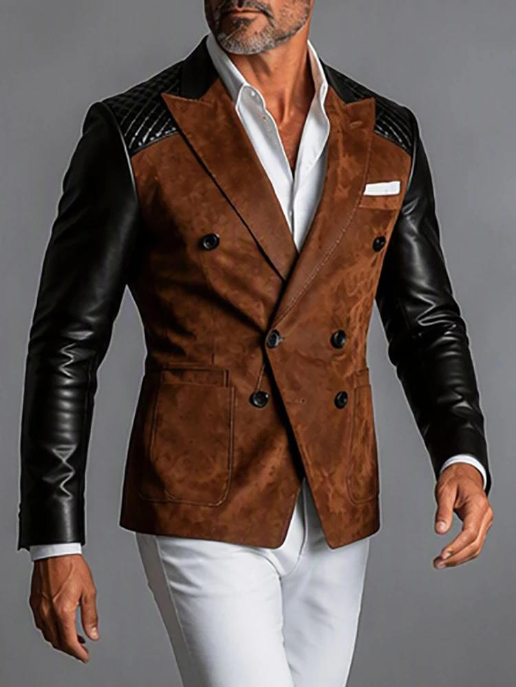 Men Suede Patchwork PU Leather Wedding Guest Blazer Peak Lapel Quilted Shoulder Slim Fit Winter Faux Leather Vintage Formal Suit
