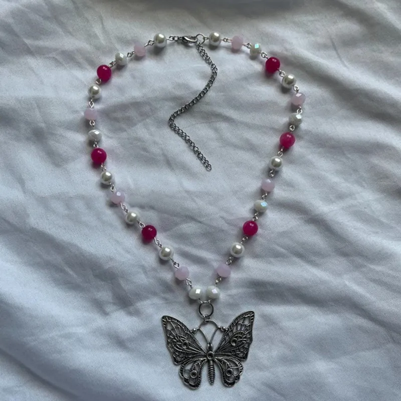 Coquette Pink & White Butterfly Necklace