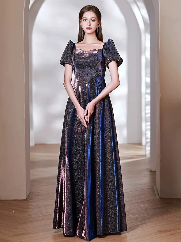 

Luxurious Satin Cocktail Dresses Strapless Puff Sleeve Square Collar Sequins Long Shiny Dubai Formal Party Gown Woman Plus Size