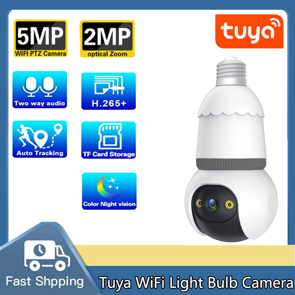 5MP Tuya Light Bulb WiFi Camera Full HD Wireless 4X Zoom Smart Life Bulb Security 1080P Cameras Motion Detection Lamp Cam