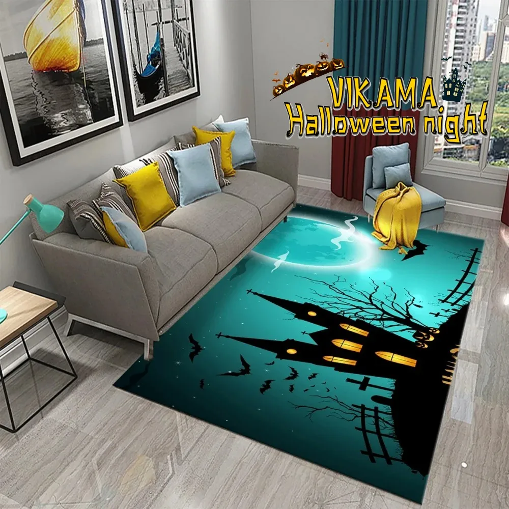 

VIKAMA Halloween Theme Carpet Living Room Bedroom Non Slip Easy To Clean Large Size Pumpkin Bat Castle Home Decor Carpet
