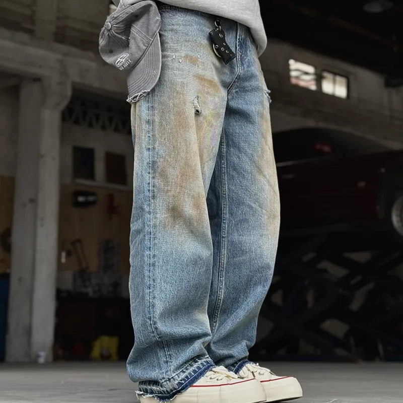 American Heavy Industry Washed Worn Jeans Men's Loose Pants Trousers