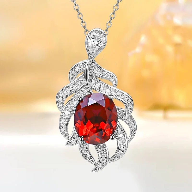 

Egg shaped Luxury Leaf Red Treasure 925 Sterling Silver Pendant with High Carbon Diamond Retro Design Wedding