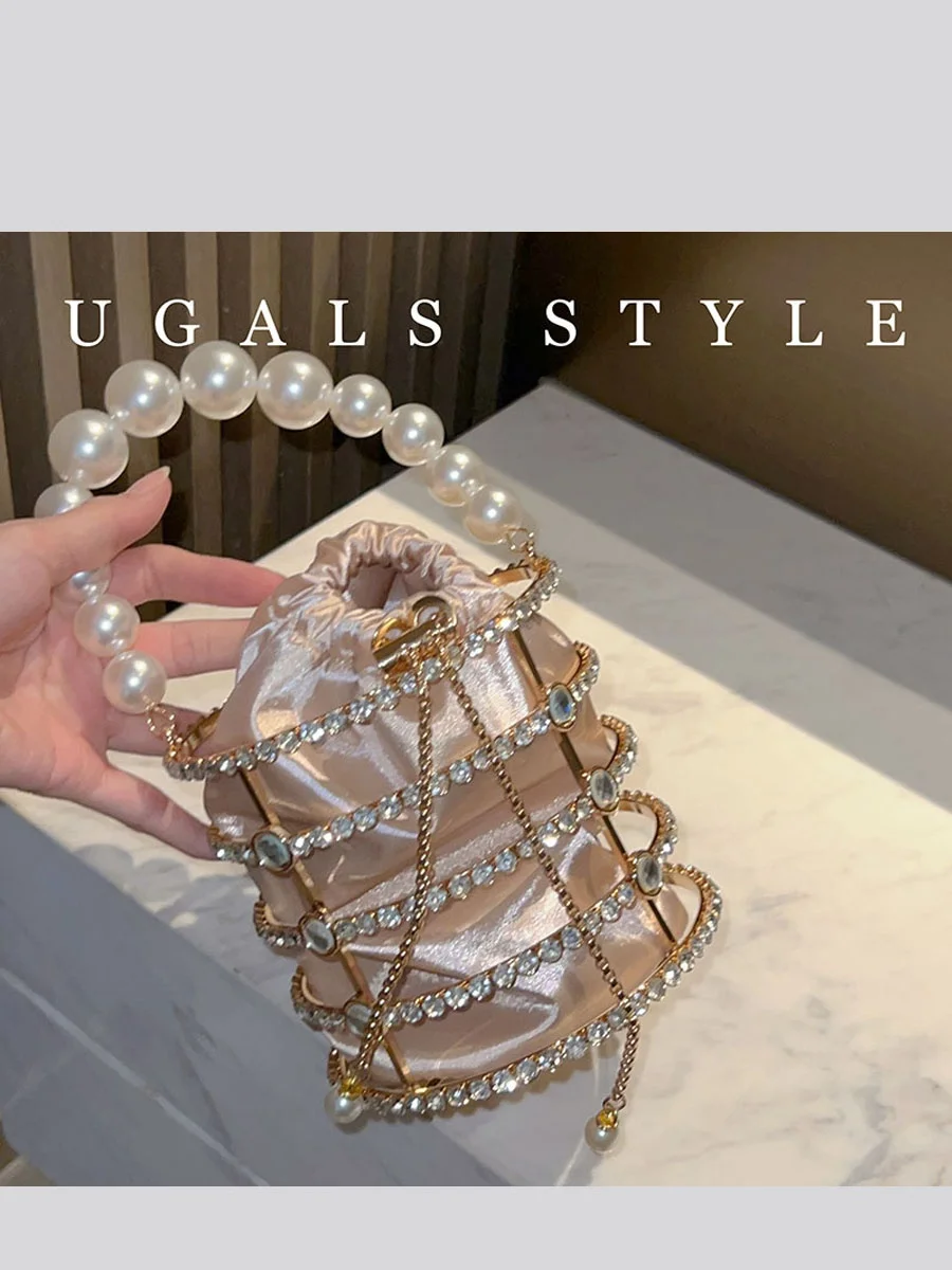 UGALS Glittering Silk Satin Diamond Embellished Bucket Handbag Hollow out Design Evening Party Pearl Trim Crossbody Bag