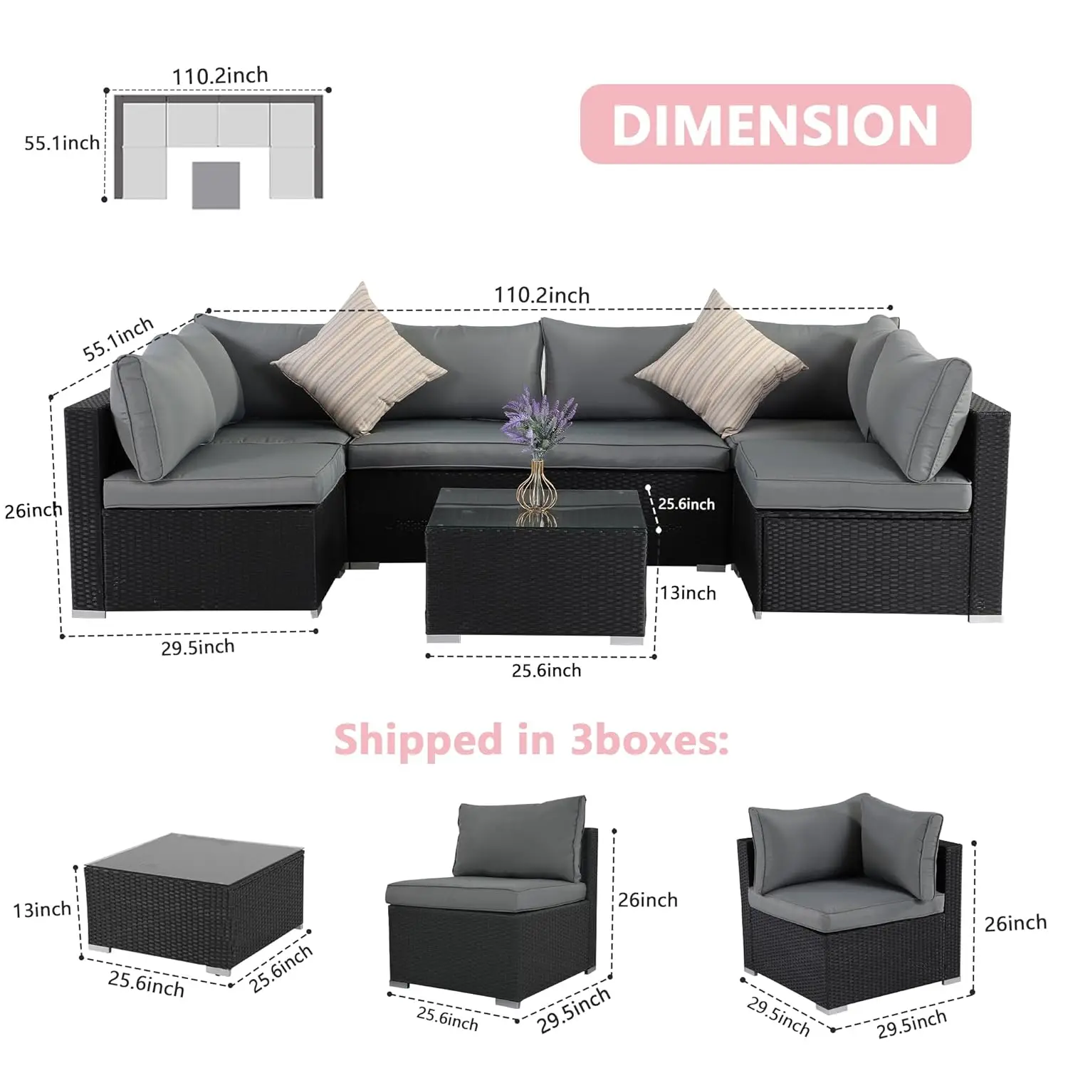 7 Pieces Black Patio Furniture Set - All-Weather Outdoor Sectional Wicker Conversation Sofa, Rattan Patio Seating, Customized