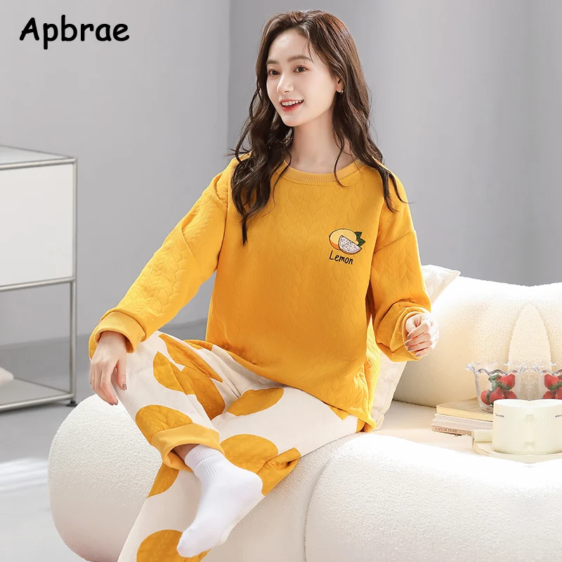 Women Thick Pajamas Long Sleeves O-neck Pijamas Fashion Ladies Loungewear Big Size L-4XL Warm Interlayer Cotton Sleepwear