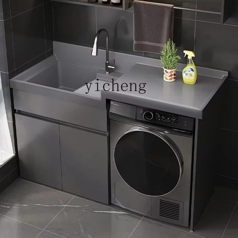 YS-9 Waterproof Honeycomb Aluminum Balcony Washing Machine Cabinet Combination Quartz Stone with Rubbing Board Laundry Pool