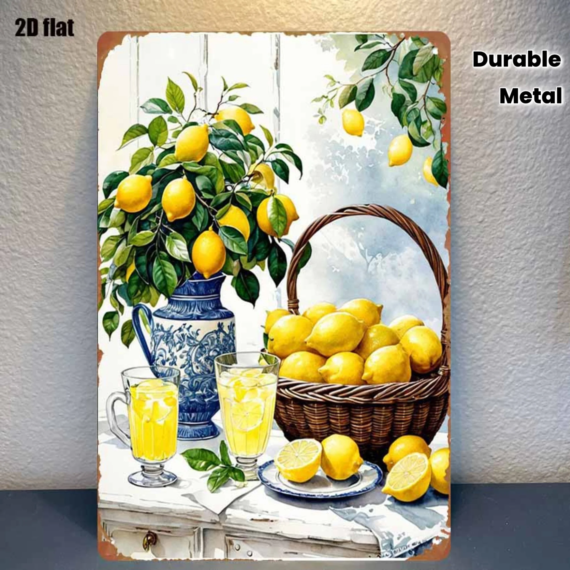 Metal Sign Printed with Lemon Tree and Fruit Basket Pattern, Suitable for Bedroom, Bar, Garage and Garden Outdoor Decoration