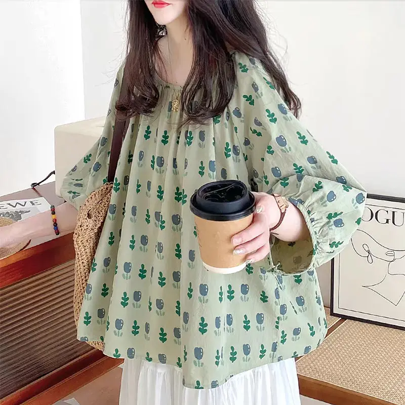 

Baby Shirt Top for Women's Summer New French Sweet One-length Pullover Tulip Floral Cotton Shirt