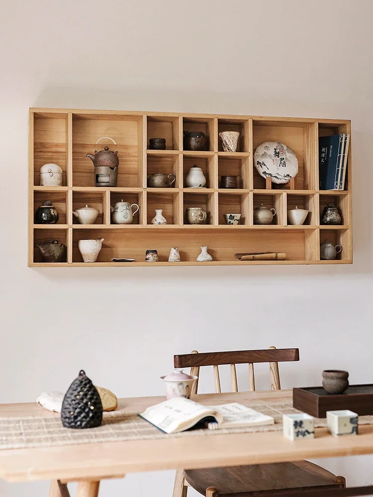 Solid wood wall shelves, wall-mounted lattice shelves, Bogu shelves, Duobaoge tea room storage display shelves, new Chinese