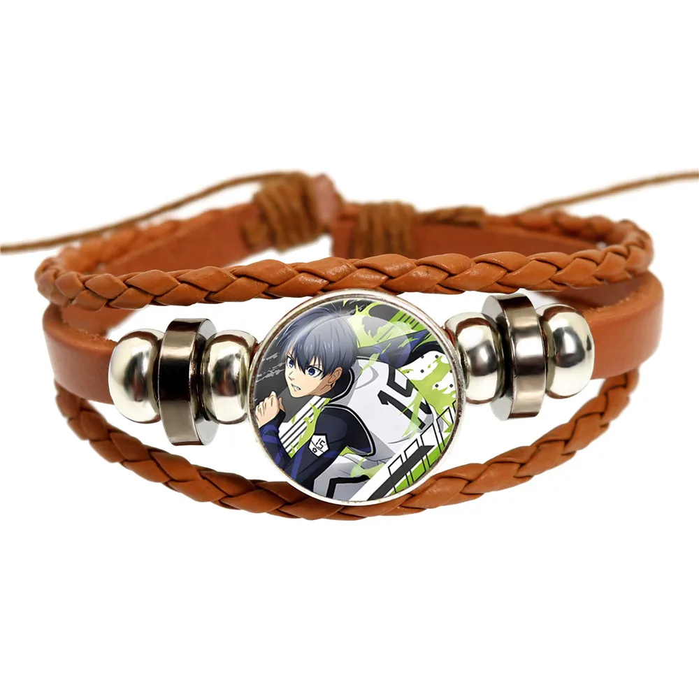 Anime BlUE LOCK Cosplay Character Isagi Yoichi Chigiri Bachira Glass Cabochon Leather Bangle Brown Bracelet For Gift To Friend