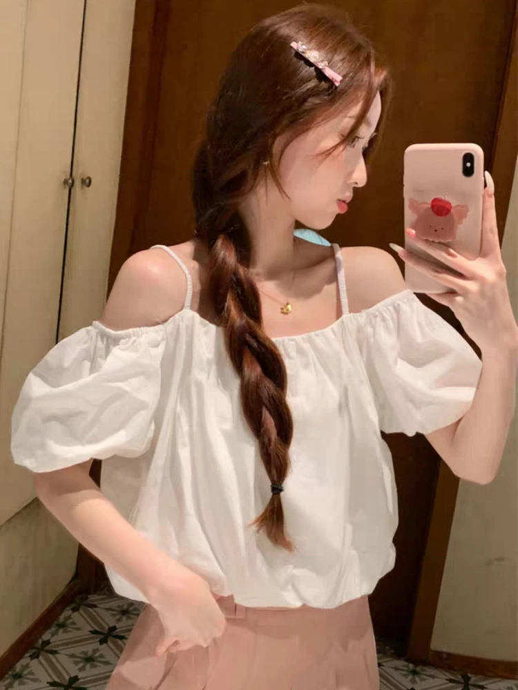 Blouses Women French Style Sweet Tops Off Shoulder Loose Aesthetic Streetwear Tender Summer Girlish Classic All-match Clothing