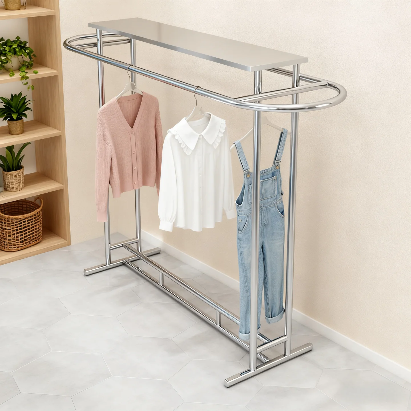 Clothing store display rack Stainless steel silver Nakajima double-row hanging clothes rack display rack Floor-to-ceiling