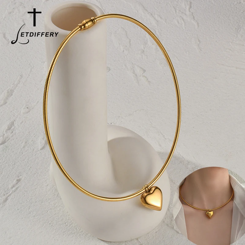 Letdiffery Fashion Heart Charm Necklace for Women Stainless Steel Magnet Buckle Snake Chain Elegant Love Collar Jewelry Gifts