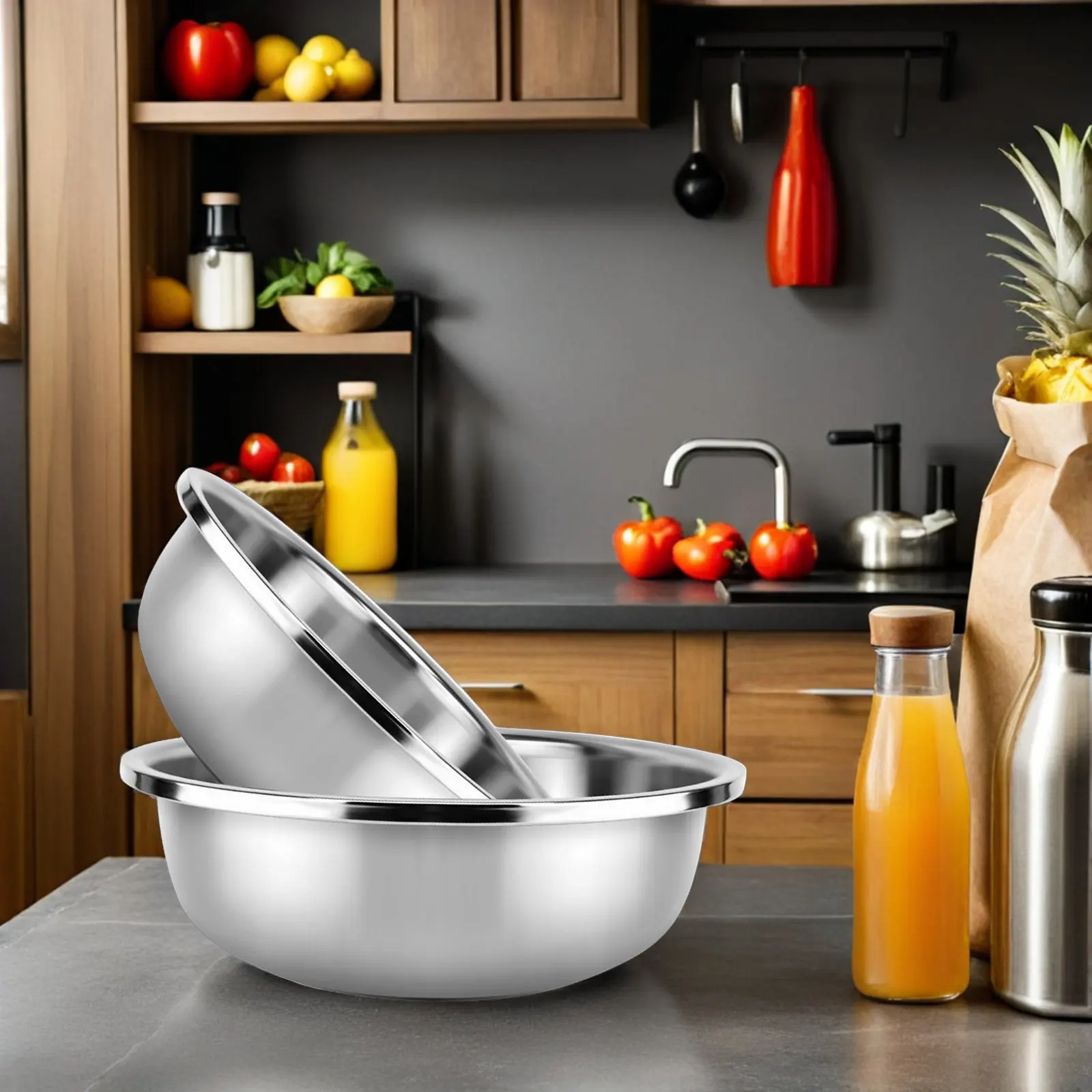 

Набор из 2-х толстых металлических мисок из нержавеющей стали для кухни: большие, для смешивания продуктов, с гладкими краями, безопасная конструкция, не занимают много места