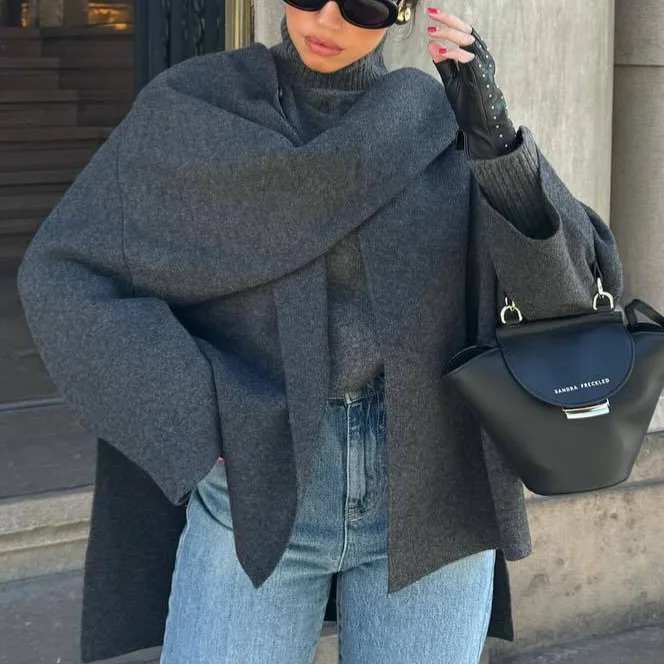 2026 جديد زر على الموضة محبوك عباءة المرأة الخريف عادية فضفاض بلون وشاح شال كم طويل معطف قصير للنساء