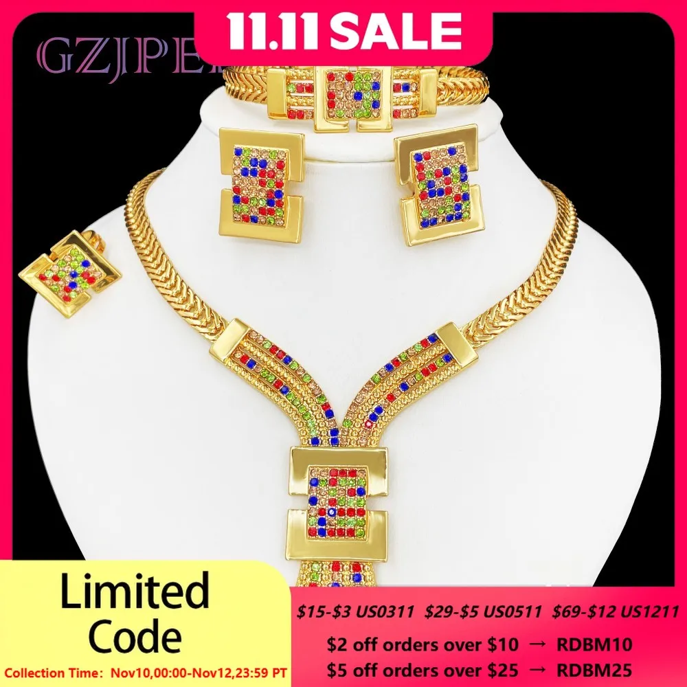 

GZJPEI Gold Plated Jewelry Set African Dubai Nigeria Charm Necklace Bracelet Earring Ring For Women 2025 New Banquet Jewellry