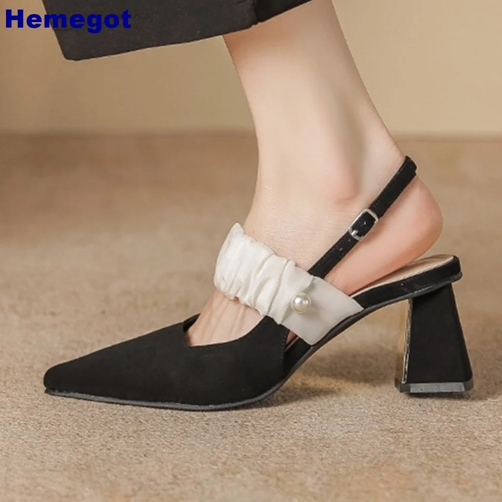 

Pearl Pointed Toe Summer Sandals 2024 New Banquet Casual Backstrap Thick High Heels Black/apricot Fashion Women Buckle Pumps