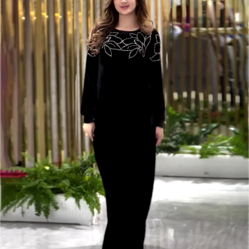 

Loose Long Sve round Ne Pure Color Diamond Embellied Dr Vintage A-Line Skirt Polyester Fabric Autumn New Sle Wome...