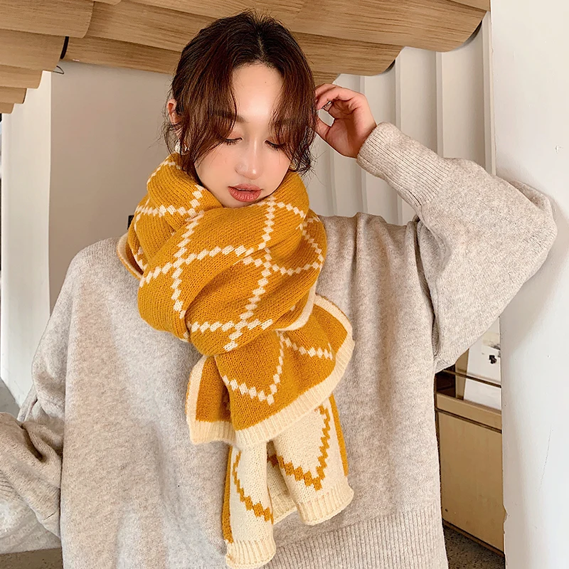 厚手ニットスカーフ-レディース-秋冬-韓国風-多用途-学生-可愛い女の子-暖かい格子柄ウールネックウォーマー-メンズ-トレンド