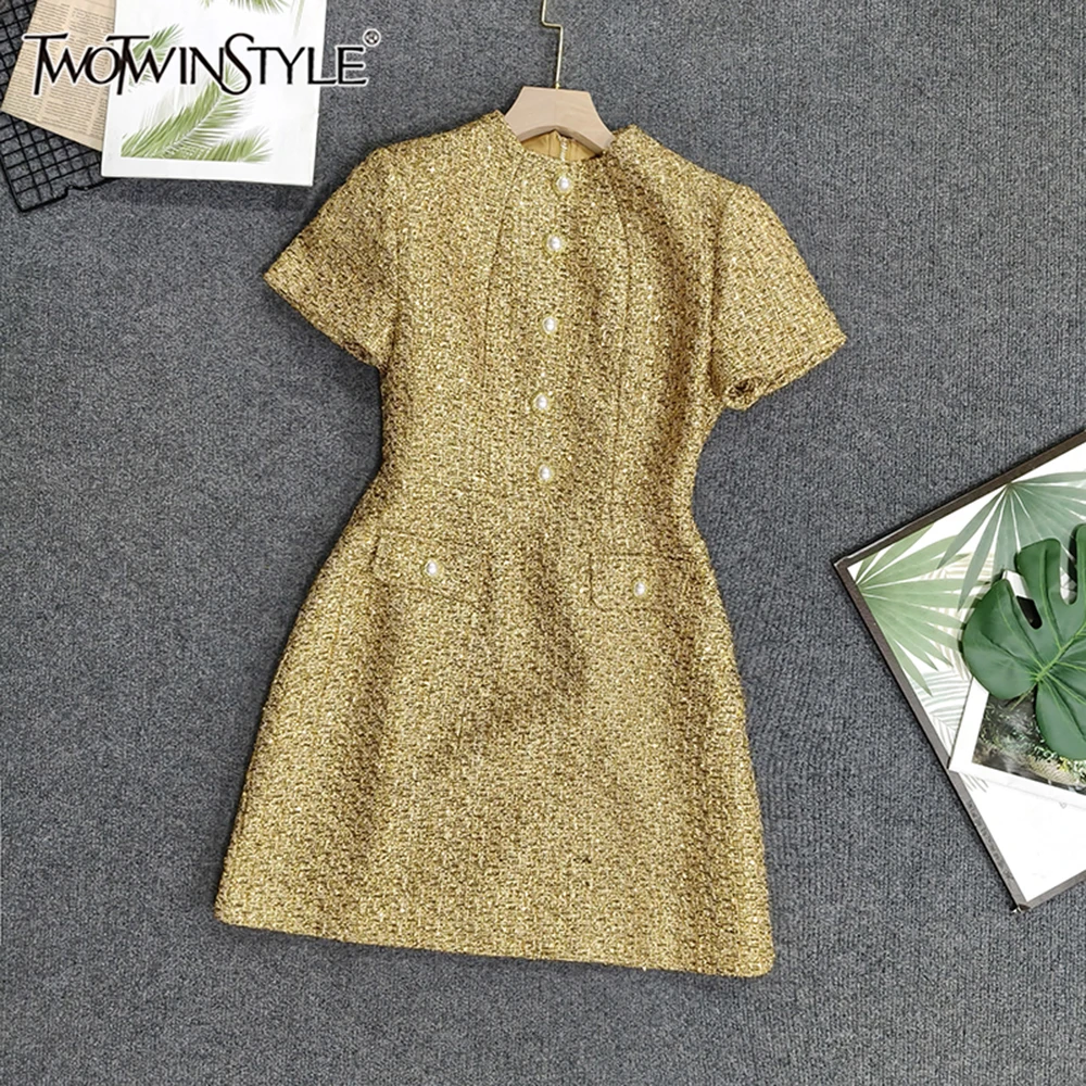 

TWOTWINSTYLE однотонные роскошные платья для женщин, элегантное платье с круглым вырезом, короткими рукавами и высокой талией, женская мода KDR542579