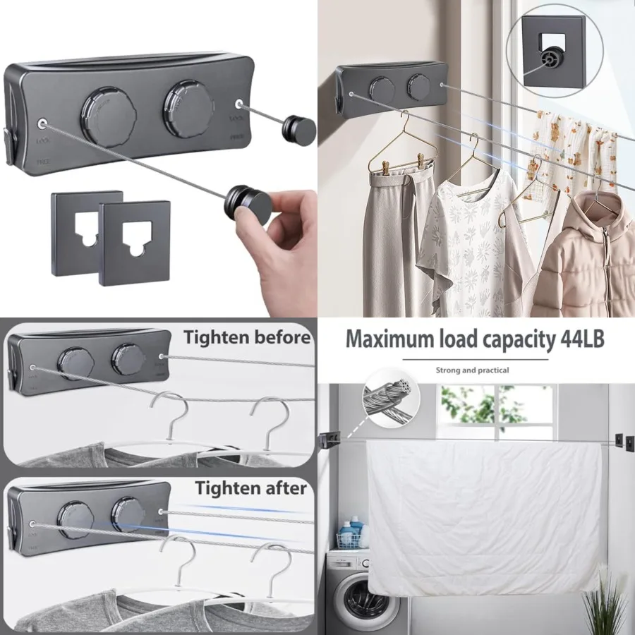 Retractable Clothesline Indoor and Outdoor, 16.7 Ft Clothes Line Outdoors Sag-Proof with Adjustable Tension and 2 Installation