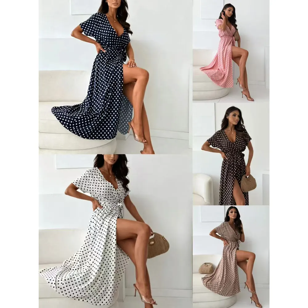 Vestidos para Mujer, Nuevo Vestido de Verano con Cordones, Manga Corta, Cuello en V, Vestido Ajustado con Estampado de Puntos, Vestido Línea A, Vestidos de Verano para Mujer