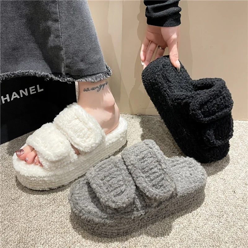 

Female Shoes House Slippers Platform Fur Flip Flops Slides Med Fashion Flock Plush Massage Flat Luxury Basic Rubber Autumn W630