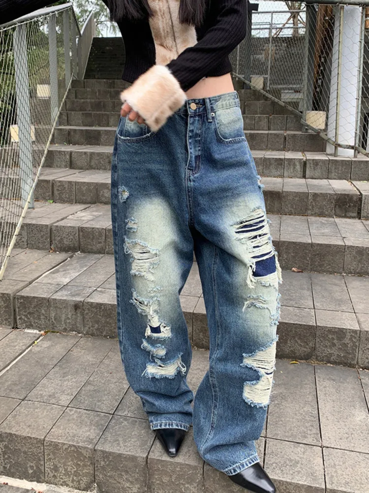 DEAT Fashion Women Ripped Jeans High-waist Washed Tassel Pockts Asymmetric Full-length Denim Pants Spring 2025 New Tide 7AB6378