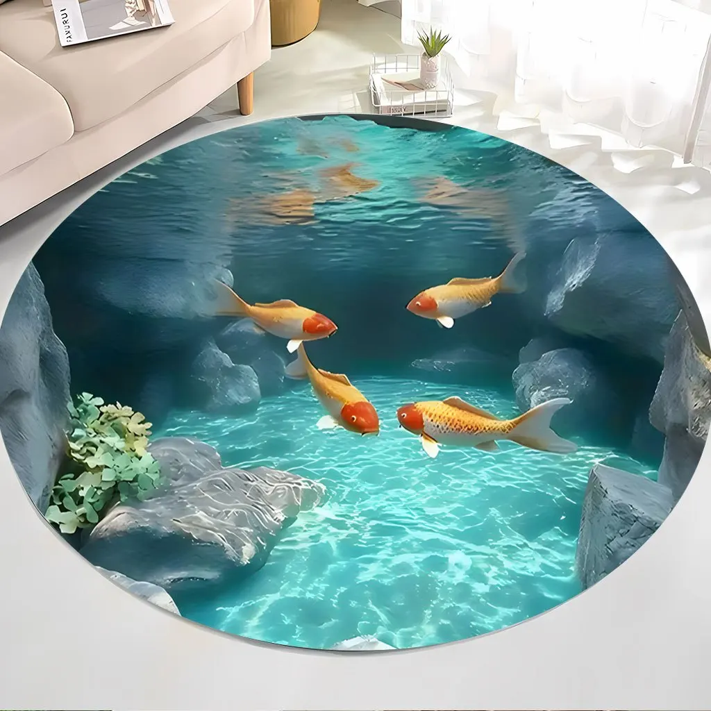 

Круглый коврик с изображением пруда с рыбками кои, флисовый, реалистичная подводная сцена, аквариумная тематика, напольный коврик в стиле японского дзен-сада, декор для гостиной и спальни