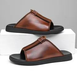 Retro Mens Genuine Leather Slippers Handmade Quality Summer 2024 New Comfortable Classic Brown Outdoor Daily Beach Shoes Man