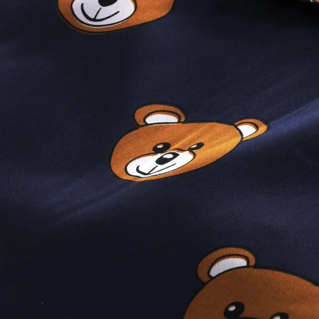 2pcs Boys Lounge Wear Button Down Long Sleeve Top & Elastic Waist Long Pants Bear Cartoon Pajamas