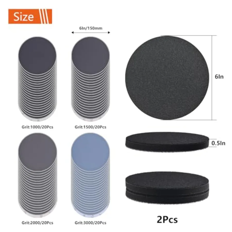 80Pcs 6 Inch Hook and Loop Sanding Discs 1000/1500/2000/3000 Grits Wet Dry Sandpaper with 2Pcs Foam Pads for Random Orbital San