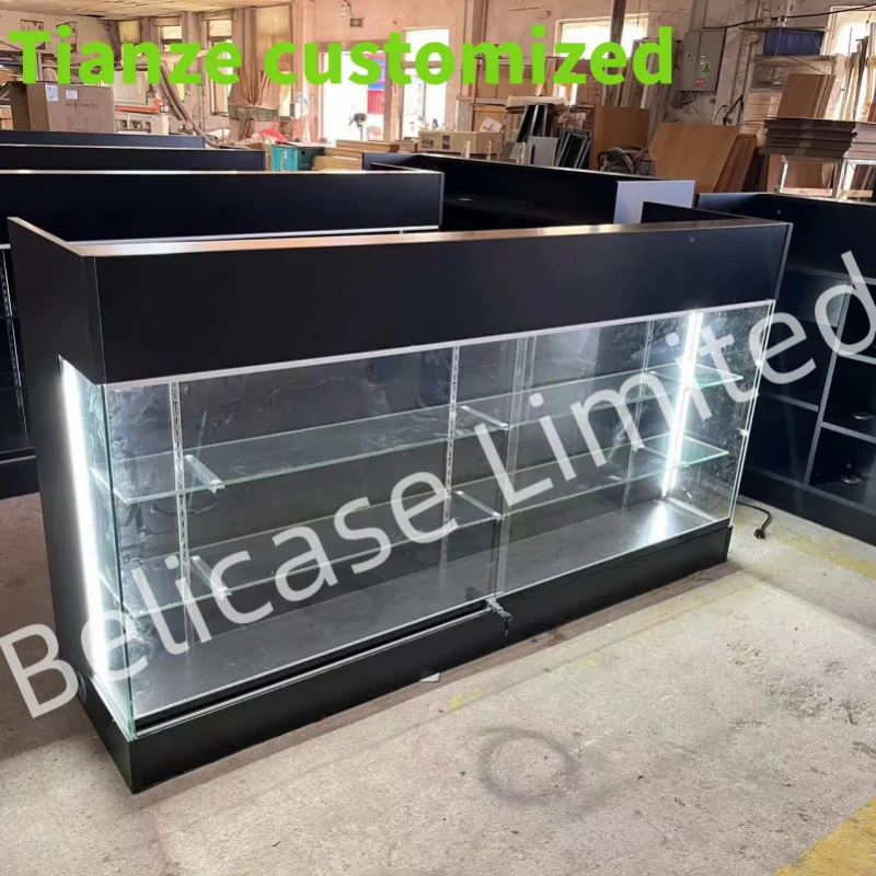 (customized)6 Feet Multifunctional Retail Store Shop Cash Desk Wooden Ledge Top Checkout Counter With View Front Glass Showcase