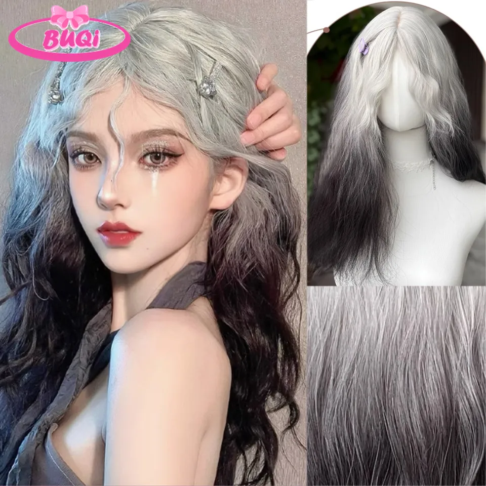 BUQI Synthetic Long Body Wave Black And Gray Gradient Cosplay Wigs Heat Resistant Wigs Bangs Natural Lolita Wigs For Women