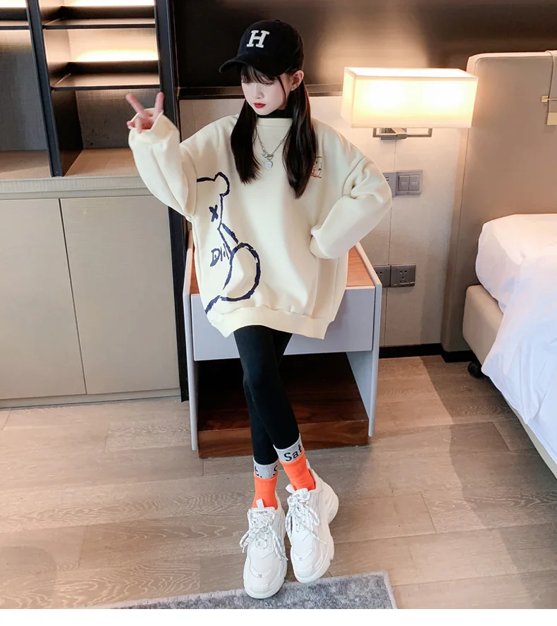 2024 Autumn winter bear Girls clothes Hooded white Sweatshirt Baby t-shirt Dresses teenager Kid Princess 6 7 8 9 10 11 12 year