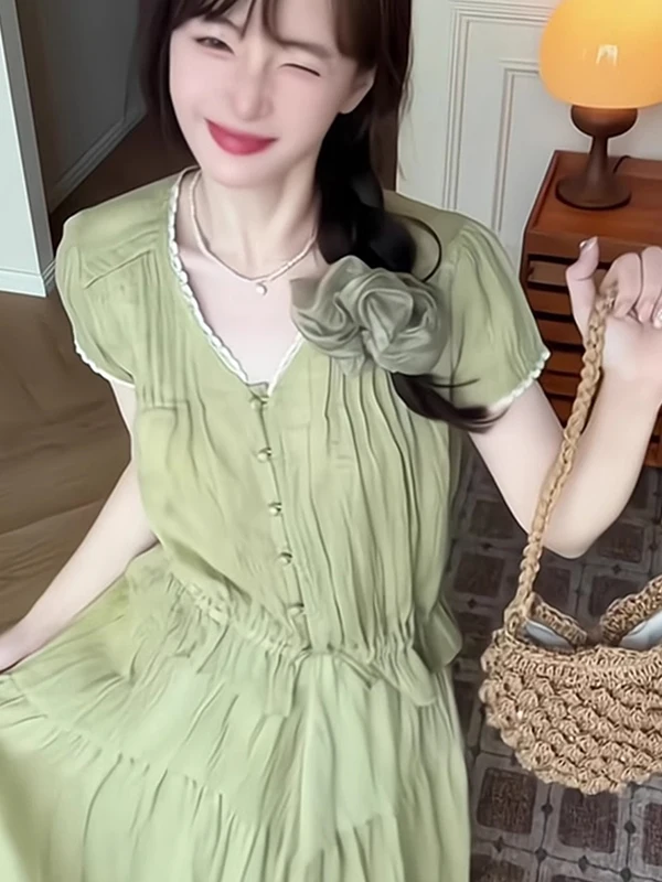 

Slimming Lace Vest And Skirt Set Women's Sweet Summer Faion Two-Piece Suit V-Ne ort Sve Student Work orm