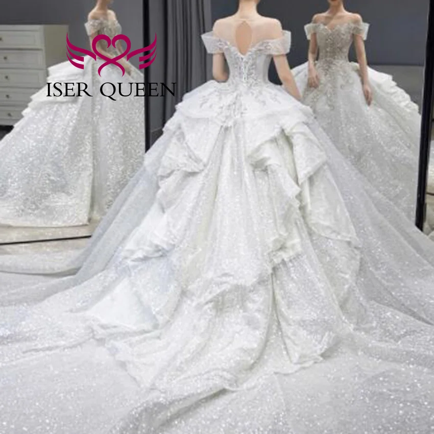 カスタマイズされた光沢のあるチュール高級ウェディングドレス 2025 新しいビーズレースアップリケネックレス品質の花嫁のドレス女性のための WX0435