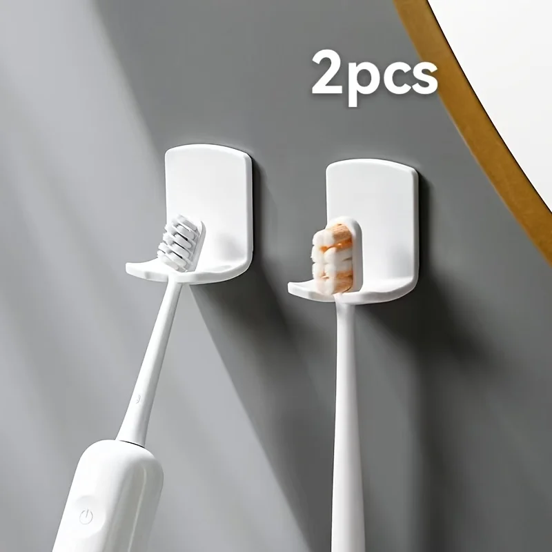 2pcs Space-Saving No Drilling Wall Mount Toothbrush Holder, Minimalist Multifunctional Bathroom Storage Rack, Durable Plastic Fo
