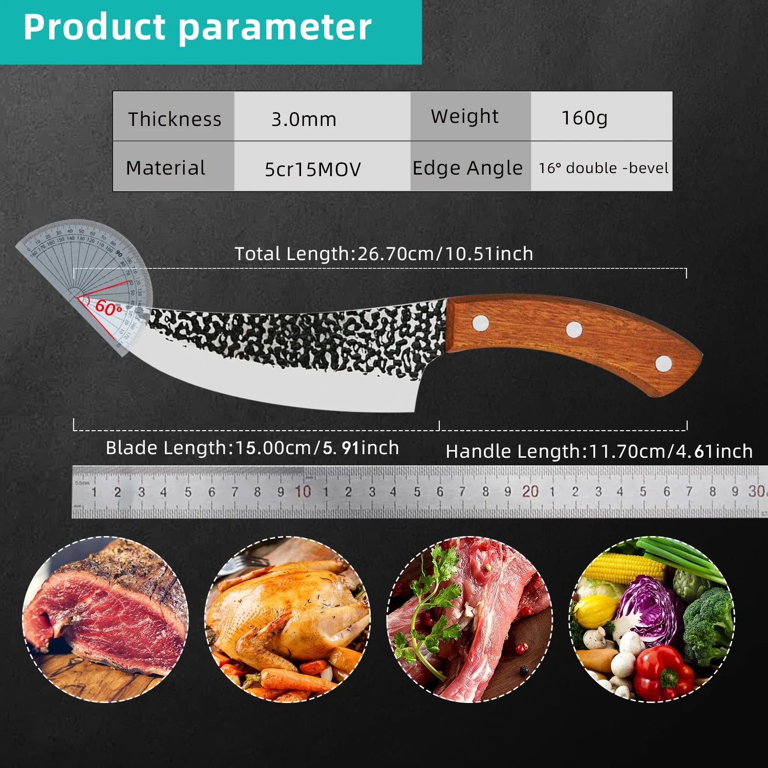 Kitchen Chef Knife Handmade Knife Boning Meat Cleaver Stainless Steel Full-Tang Forged Fishing Barbecue Butcher Cooking Cutter