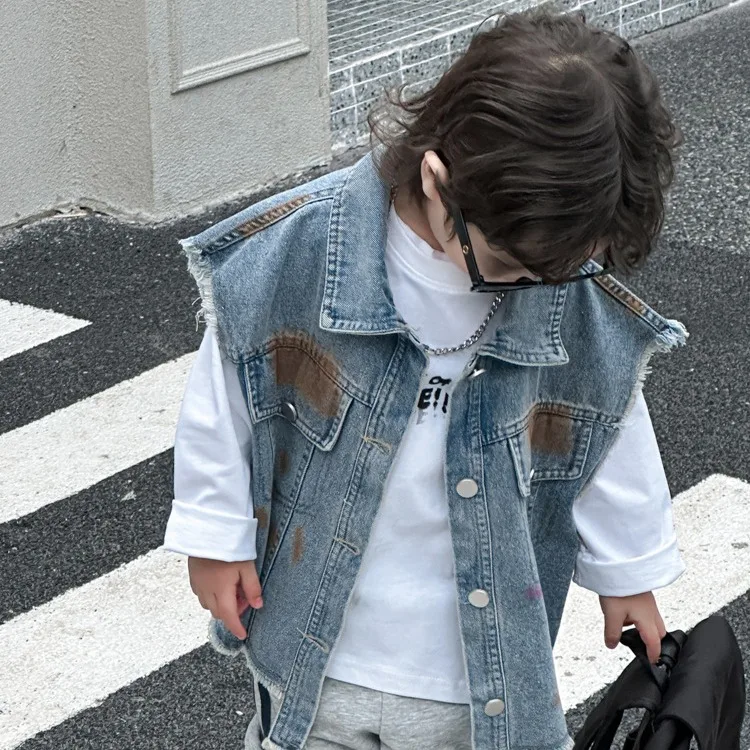 Children Waistcoat 2024 Spring and Autumn New Korean Style Vintage Denim Coats Children Clothing Colored Paint Waistcoat