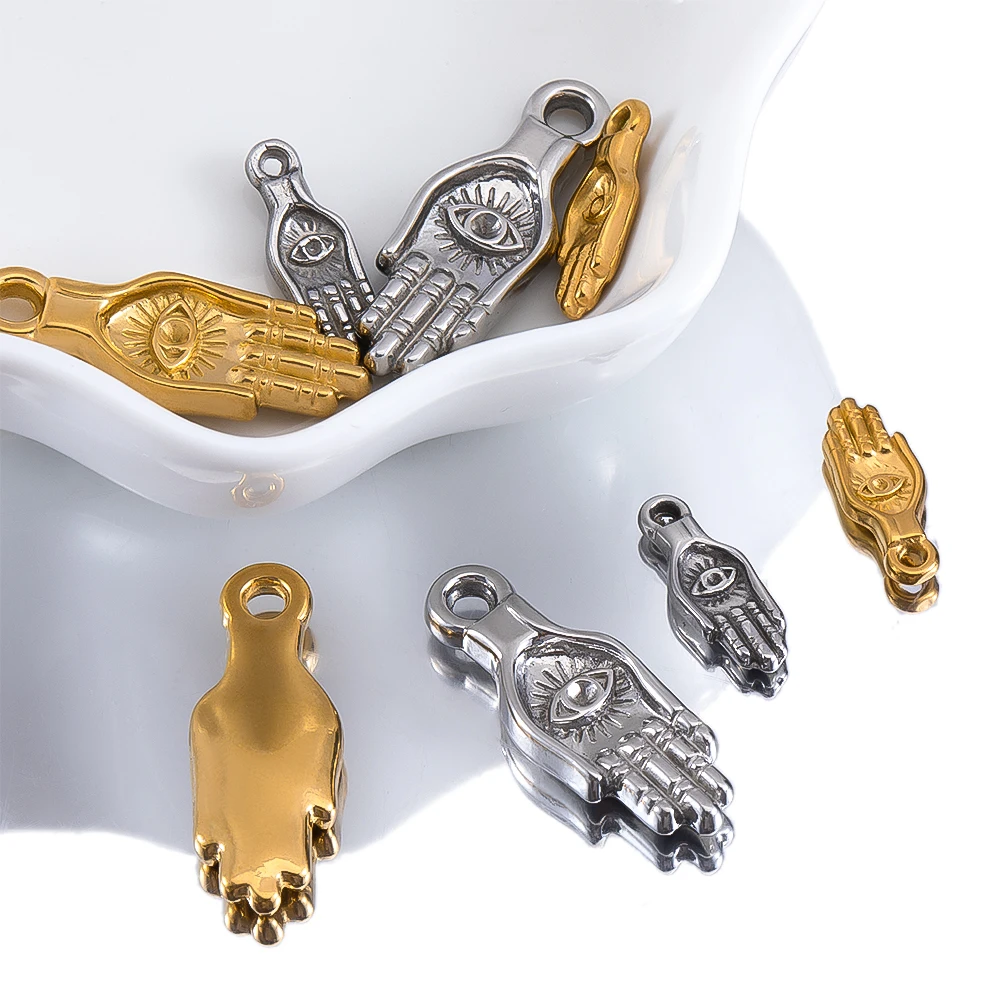 2/5pcs Stainless Steel Hand Hamsa Evil Eye Charms Evil Eye Pendants for DIY Bracelet Necklace Jewelry Making Accessories Crafts