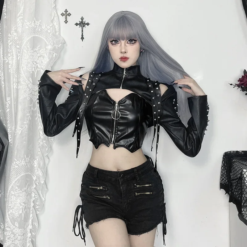 Faux Pu Leather Long Sleeve Crop Shrug Tops Grunge Women Rivet Zip Coats Chic Streetwear Jackets Mall Gothic Smock Top