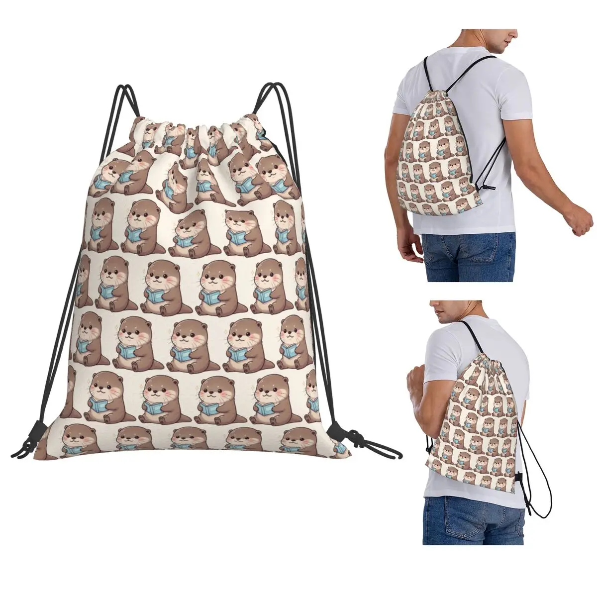 Happy Otter Reading A Book Backpacks Portable Drawstring Bundle Pocket Shoes Bag Book Bags for Man Woman Students