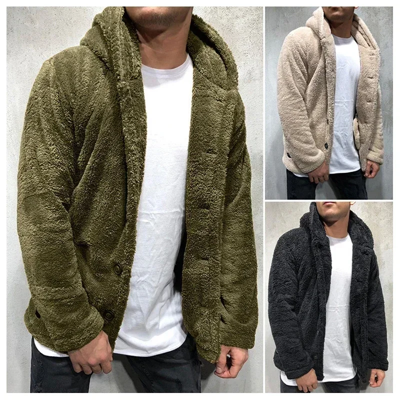 Men's   Fleece Coat Cardigan Winter Warm Hooded Coat Fashion Solid Color Long Sleeve Pocket Button Hooded Warm Coat