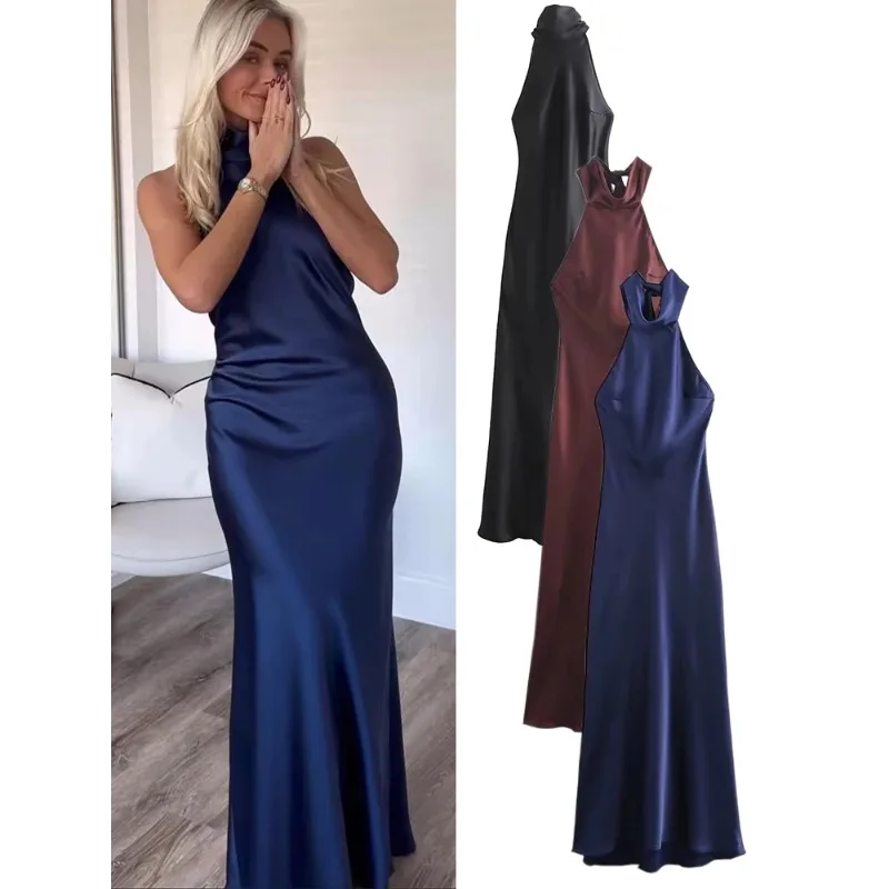 

New Female Dress Solid Sleeveless Backless Slim Zipper Summer Long Dresses Chic Elegant Woman Halter Neck Dress