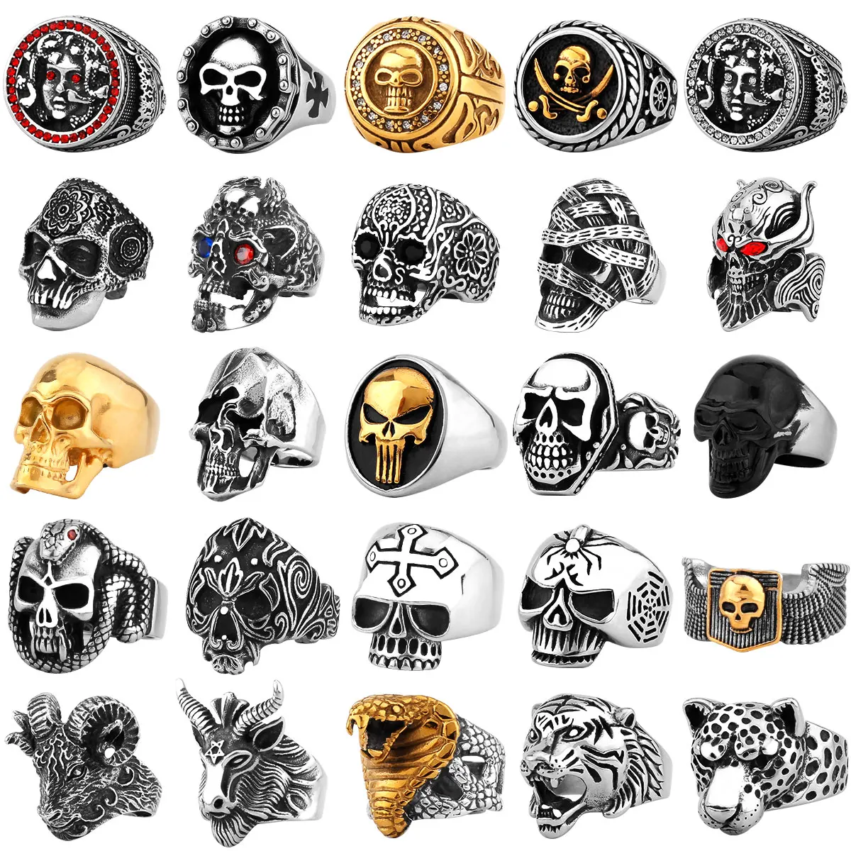 Gothic Punk Satanic Devil Skull Animal Ring Vintage Steampunk Men\'s Stainless Steel Viking Ring Hiphop Motorcycle Biker Jewelry